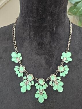 Mint Green Teardrop Rhinestone Floral Bib Statement Necklace